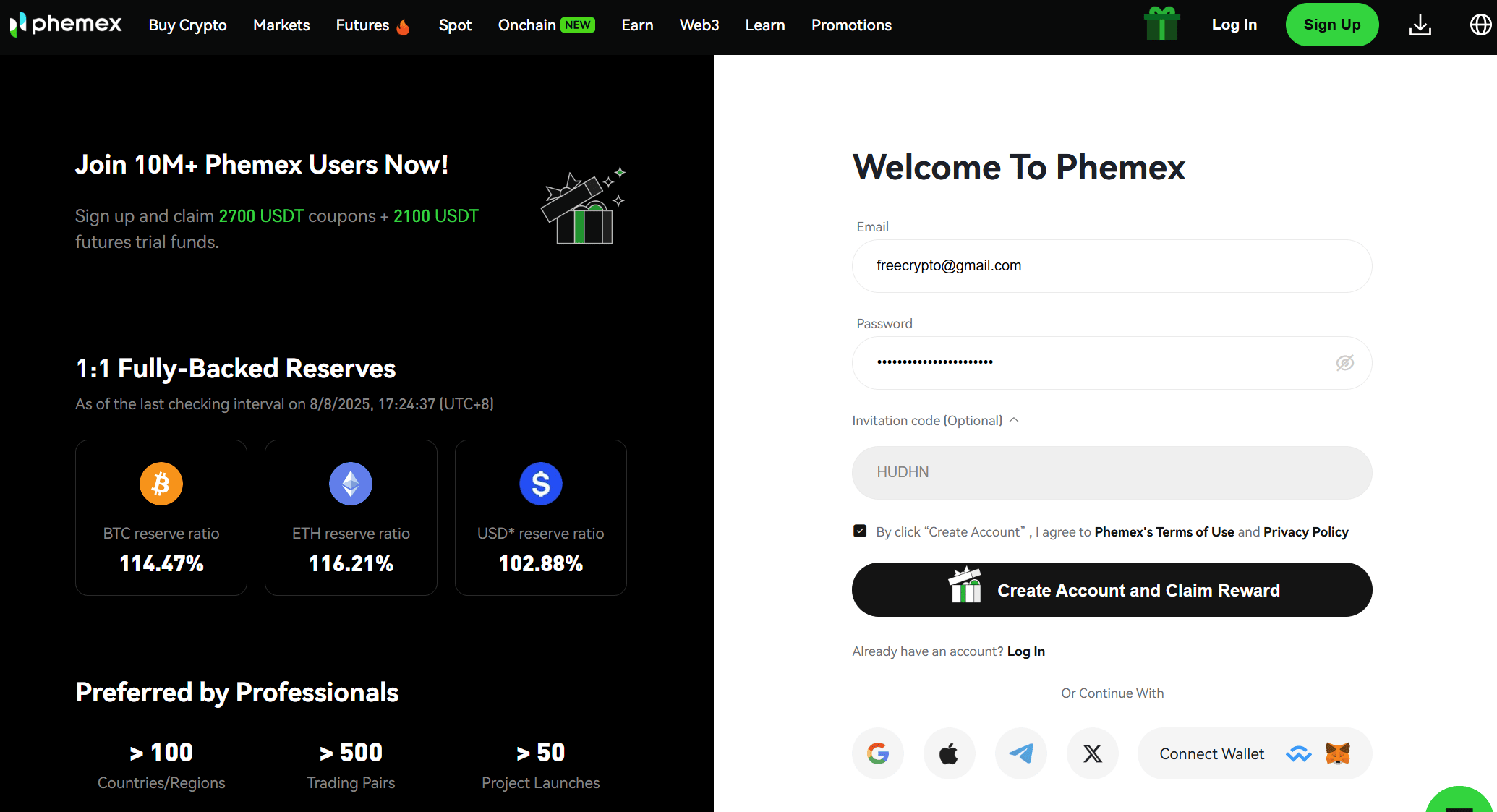 Phemex pozivni kod unesen u obrazac za registraciju